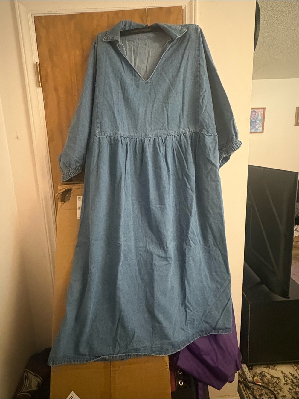 Girls' Blue Denim V-Neck Dress